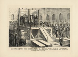 Hinrichtung der vier Verschwörer: Mrs. Surrat, Payne, Harold & Atzerith in Washington DC, 7. Juli 1865, veröffentlicht 1865 von American School
