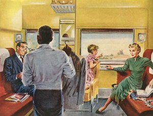Familie genießt eine Erste-Klasse-Kabine auf einer Zugreise von American School
