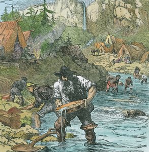 Goldwäsche in Kalifornien, aus einem Buch veröffentlicht 1896 (handkolorierte Gravur)