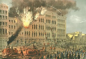 Großes Feuer in der Lake Street, aus Chicago Illustrated, mit literarischen Beschreibungen von James W. Sheahan, veröffentlicht von Jevne & Almini, Chicago, 1866-67
