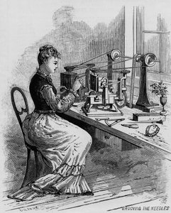 Rillen der Nadeln, Illustration zur Nähmaschinenherstellung aus der Zeitschrift Scientific American, 1879 von American School