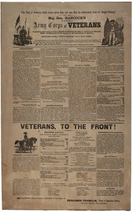 Illustriertes Philadelphia-Rekrutierungsplakat für Major General Hancocks Erste Armeekorps der Veteranen, einschließlich Union Mann und Frau, Februar 1865 von American School