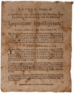 Wichtige Nachricht! (Ankündigung der Kapitulation von Cornwallis in Yorktown), kleines Flugblatt gedruckt von M. Willis, Boston, 26. Oktober 1781