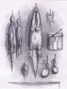 Indianischer Medizinbeutel, Geheimnispfeife, Schlachten und Trommel 1661, Illustration aus Cassell
