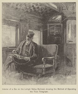 Innenraum eines Wagens der Lehigh Valley Railroad, zeigt die Methode des Zugtelegraphenbetriebs (Stich) von American School
