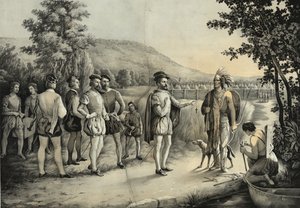 Jacques Cartier, sein erstes Treffen mit den Indianern in Hochelaga, dem heutigen Montreal, 1535, ca. 1850 von American School