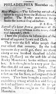 Brief, der die Ankunft der Kapitäne Lewis und Clark ankündigt, aus dem Boston Intelligencer, 19. November 1806