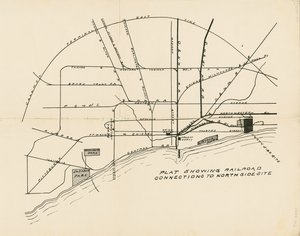 Karte mit Eisenbahnverbindungen zum geplanten Standort der Weltausstellung am Nordufer von American School
