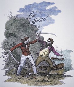 Mary Read kämpft gegen einen anderen Piraten, um das Leben ihres männlichen Liebhabers zu retten