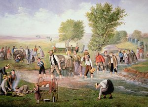 Mormonische Pioniere ziehen Handkarren auf der langen Reise nach Salt Lake City im Jahr 1856