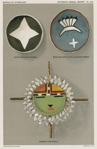 Indianische Schilde - Schild mit Sternsymbol, Soyaluna Schild mit unbekanntem Symbol, symbolischer Sonnenschild von American School