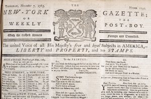 Kopfzeile der New York Gazette, die ihre Opposition zu den Stempeln erklärt, gedruckt am 7. November 1765 von American School