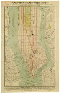 Neue Karte von New York City aus den neuesten Erhebungen, die alle Fähren und Dampfschiffdocks, Hochbahnen, U-Bahnen und Querstraßenbahnlinien zeigt.