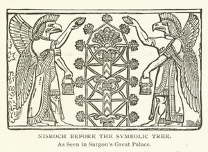 Nisroch vor dem symbolischen Baum, wie im Großen Palast von Sargon zu sehen von American School