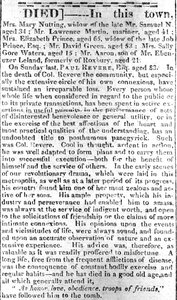 Nachrufseite aus dem Boston Intelligencer, 16. Mai 1818