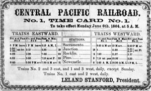 Fotografischer Druck des ursprünglichen Fahrplans der Central Pacific Railroad Company vom 6. Juni 1864