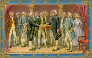 Postkarte, die George Washingtons Amtseinführung zeigt (Druck)
