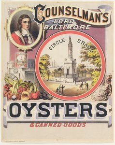 Plakat, das Counselmans Lord Baltimore Circle Brand Austern und Konserven bewirbt