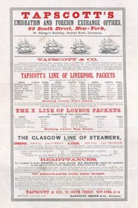 Plakat, das Tapscotts Emigration and Foreign Exchange Offices, New York, Januar 1859 bewirbt