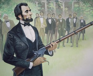 Präsident Abraham Lincoln testet das Spencer-Sieben-Schuss-Repetiergewehr im August 1863 (Farblithografie) von American School