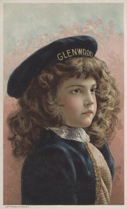 Hübsches Mädchen mit lockigem braunem Haar und einer Mütze mit dem Namen Glenwood (Chromolithographie)
