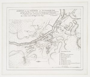 Skizze des Gefechts bei Petersburg: zwischen der königlichen Armee unter dem Kommando von Major Gel. Phillips und der amerikanischen Armee unter dem Kommando von Major Genl. Steuben, bei dem letztere besiegt wurden, 25. April 1781 von American School