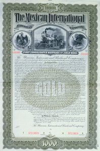 Musteranleihezertifikat für 1000 Dollar für die Mexican International Railroad Company, 1897