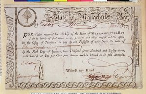 Schuldschein des Staates Massachusetts Bay, angeblich von Paul Revere (1735-1818) graviert, 1779 von American School
