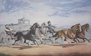 Stella und Alice Grey - Laterne und Walknochen, Vorbeifahrt am Stand (In ihrem großen Rennen im Doppelgeschirr über den Union Course L.I. am 5. Juni 1855), veröffentlicht 1855, Currier & Ives von American School