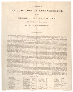 Texanische Unabhängigkeitserklärung: Einstimmige Unabhängigkeitserklärung, gedruckt von Baker und Bordens, 2. März 1836 von American School