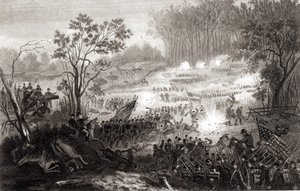 Die Schlacht bei Pittsburg Landing, graviert von H. B. Hall, 1862 von American School