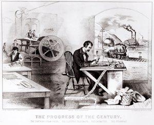 Der Fortschritt des Jahrhunderts: Die Blitz-Druckpresse, der elektrische Telegraph, die Lokomotive und das Dampfschiff, veröffentlicht von Currier & Ives, 1876