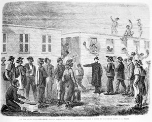 Der Krieg am Mississippi: Schwarze Rekruten besteigen den Zug nach Murfreesboro, aus Frank Leslies Illustrated Newspaper, Mai 1864