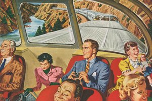 Reisende genießen eine futuristische Zugfahrt