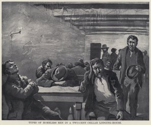 Typen obdachloser Männer in einem Zwei-Cent-Kellerquartier von American School