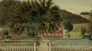 Ansicht eines roten Hauses mit Lattenzaun, 1854 von American School
