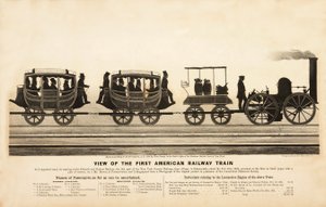 Ansicht des ersten amerikanischen Eisenbahnzuges, veröffentlicht 1865 von American School