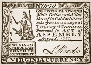 Virginia-Währung, gleich einem Sechstel eines spanischen Dollars, 1777 von American School