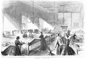 Freiwillige Krankenschwestern, die die Kranken im US-General Hospital in Georgetown betreuen, aus Frank Leslies Illustrated Newspaper, 6. Juli 1861