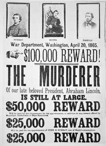 Plakat des Kriegsministeriums von Washington, das eine Belohnung von 100.000 Dollar für die Ergreifung des Mörders von Abraham Lincoln (1809-65) am 20. April 1865 ankündigt