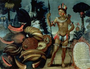 Yumbo-Indianer aus der Umgebung von Quito, Ecuador, mit verschiedenen Früchten und Bäumen