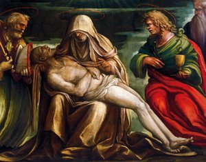 Pietà mit den Heiligen Markus, Ambrosius, Johannes dem Evangelisten und Antonius Abt, von Amico Aspertini, um 1519