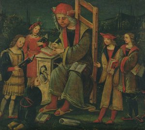 Hl. Kassian in seinem Stuhl, umgeben von seinen Schülern
