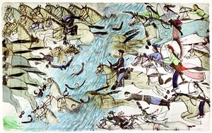 Amerikanische Kavallerie zieht sich über einen Fluss zurück, verfolgt von indianischen Kriegern, um 1900