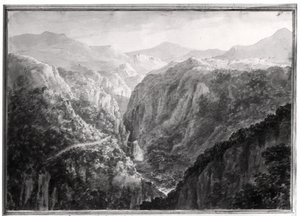 Szene aus dem Gasthaus am Teufelsbrücke mit dem Fall des Rhydal, aus 