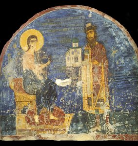 Großfürst Jaroslaw II. Wsewolodowitsch mit Modell der Nereditsa-Kirche vor Christus, 12. Jahrhundert