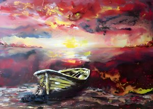 Lebendiges Sonnenuntergangs-Ruderboot von Anda Bieza