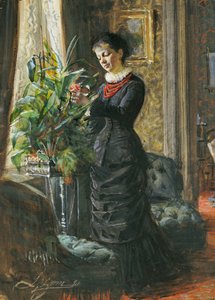 Porträt von Fru Lisen Samson, geb. Hirsch, arrangiert Blumen am Fenster, 1881 von Anders Leonard Zorn