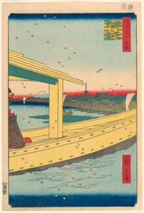 Fernansicht des Kinryuzan-Tempels von der Azuma-Brücke (Azuma-bashi, Kinryuzan embo) Nr. 39 aus der Serie Einhundert berühmte Ansichten von Edo von Ando Hiroshige