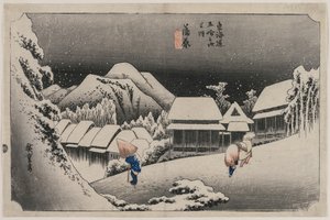 Abendschnee in Kambara, Nummer sechzehn der Serie Dreiundfünfzig Stationen des Tokaido, 1833